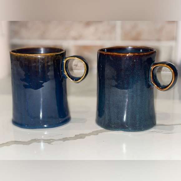 2 World Market Indigo Organic Reactive Glaze Mugs Blue Glaze Brown Accent - Picture 1 of 4